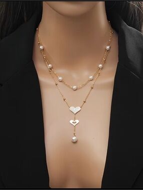 18k Gold plated Layered Heart & Pearl Necklace